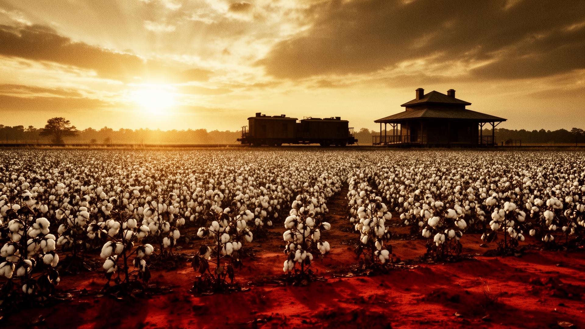 A cotton field at golden hour with a wooden depot in the distance